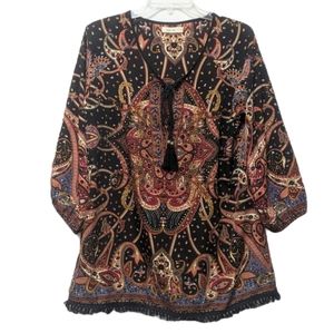 KYLA SEO Paisley Fringe Hem Tunic Top L